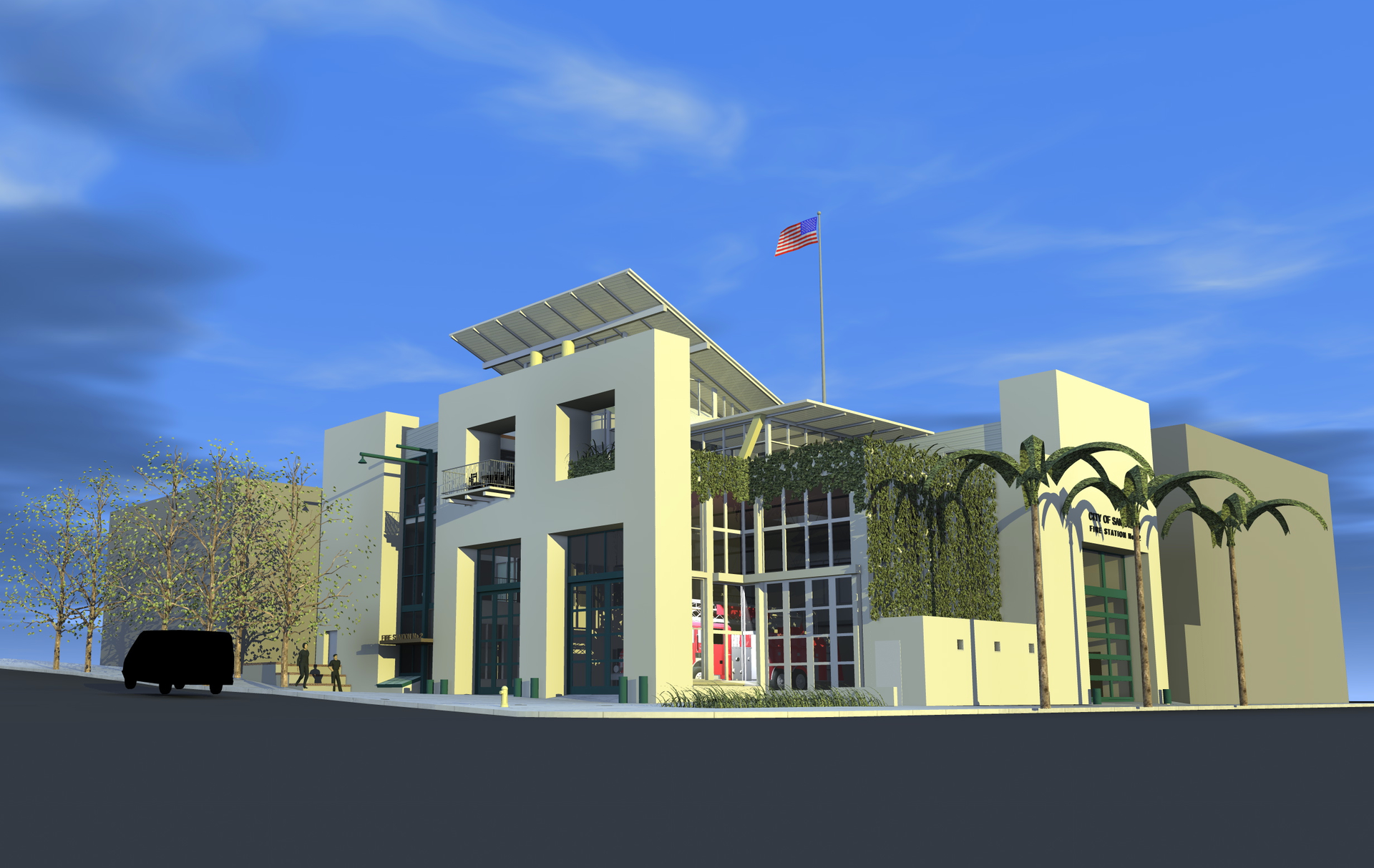 At Bayside Fire Station in San Diego, glass doors and lighting will emphasize views into the apparatus bay during both the day and night, highlighting and featuring the engines and rigs like a new luxury car display.