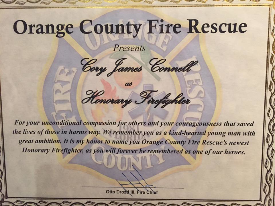 The plaque that was given to Cory Connell's family after he was named an honorary firefighter with Orange County Fire Rescue.