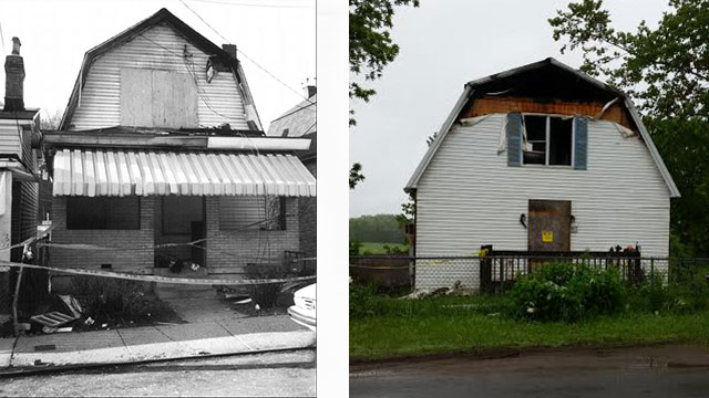 The home on the left is where three firefighters died on Bricelyn Street in Pittsburgh in 1995. The home on the right shows the aftermath of the 2015 fire in Durhamville, NY.