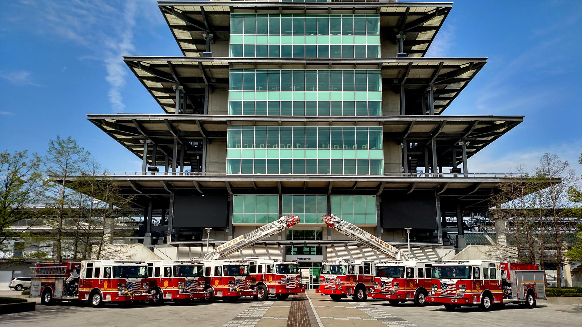 Pierce Manufacturing has placed five Pierce Saber pumpers and two Pierce Arrow XT 75-foot heavy-duty aerial ladders into service with the Indianapolis Fire Department (IFD) in Indianapolis, Indiana. Photo from the Indianapolis Motor Speedway supplied by Tod F. Parker (PhotoTac.com) and courtesy of the Indianapolis Fire Department (IFD).