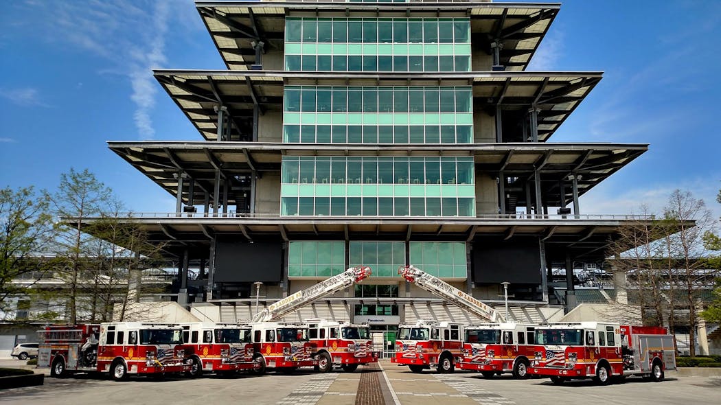 Pierce Manufacturing has placed five Pierce Saber pumpers and two Pierce Arrow XT 75-foot heavy-duty aerial ladders into service with the Indianapolis Fire Department (IFD) in Indianapolis, Indiana. Photo from the Indianapolis Motor Speedway supplied by Tod F. Parker (PhotoTac.com) and courtesy of the Indianapolis Fire Department (IFD).