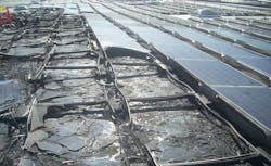 The solar PV modules have been damaged by fire. The solar PV modules have been damaged by fire.