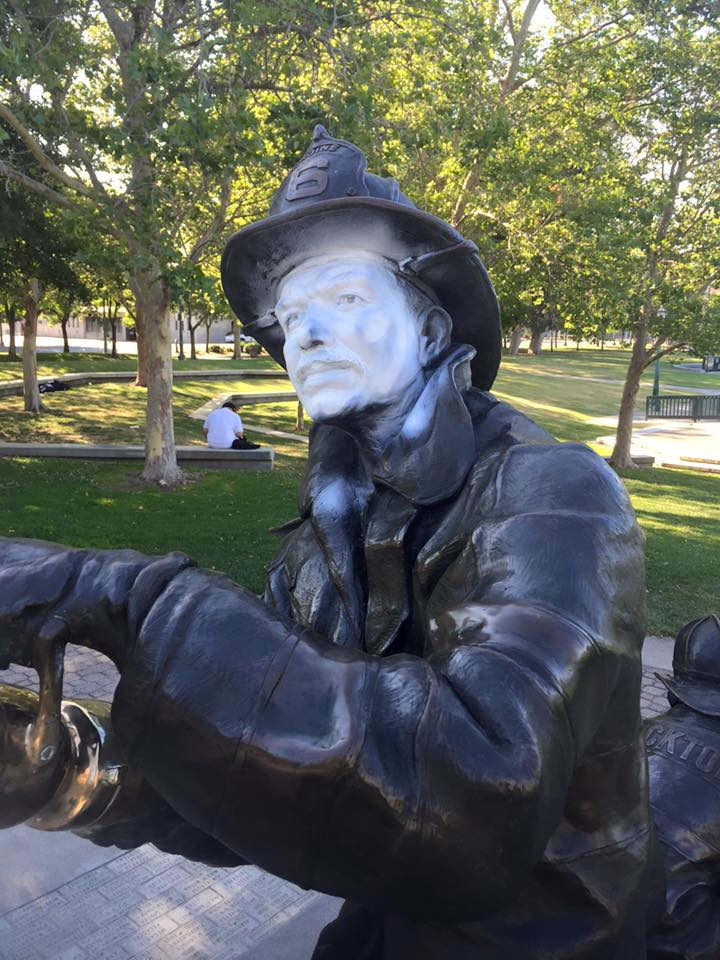 Stockton firefighters found their memorial to fallen heroes damaged.
