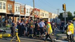 Philadelphia technical rescue personnel set up in the street. Philadelphia technical rescue personnel set up in the street.