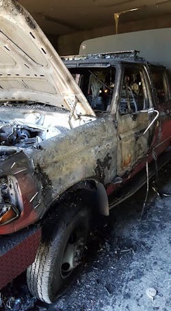 This rescue vehicle was set afire in the Smith Valley Fire Dept.