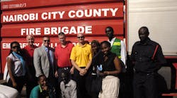 AFM NFS Staff&mdash;Back row: Chief Bob Rielage; Chief Dave Moore; Captain Matt Flagler; and Captain Todd Rielage with the Headquarters staff of the Nairobi Fire Brigade