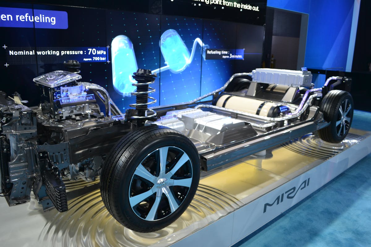 This cut-away view of a Toyota Mirai shows the major components related to the fuel cell propulsion system. A complete Mirai, the first mass-produced FCV available for sale in North America, weighs just over 4,000 pounds and is a front-wheel drive, four-passenger automobile. Photos by Ron Moore