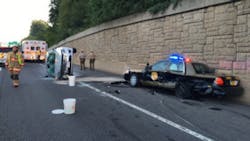 After sideswiping a cruiser, the car caught on fire. After sideswiping a cruiser, the car caught on fire.