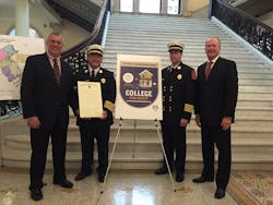 Participating in a campus fire safety press conference Wednesday were from left, Ed Comeau, publisher, Campus Firewatch; MA Fire Marshal Peter Ostroskey, Easton, MA Fire Chief Kevin Partridge, and Jim Pauley, NFPA President. Participating in a campus fire safety press conference Wednesday were from left, Ed Comeau, publisher, Campus Firewatch; MA Fire Marshal Peter Ostroskey, Easton, MA Fire Chief Kevin Partridge, and Jim Pauley, NFPA President.