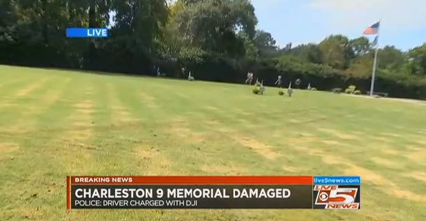 Doherty's pickup damaged the grass, stone benches and shurbs after snapping a utility pole.