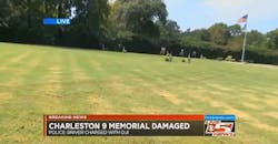 Doherty's pickup damaged the grass, stone benches and shurbs after snapping a utility pole. Doherty's pickup damaged the grass, stone benches and shurbs after snapping a utility pole.