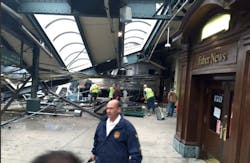 Crews arrive at the scene where a train crashed into the Hoboken, NJ, train terminal. Crews arrive at the scene where a train crashed into the Hoboken, NJ, train terminal.