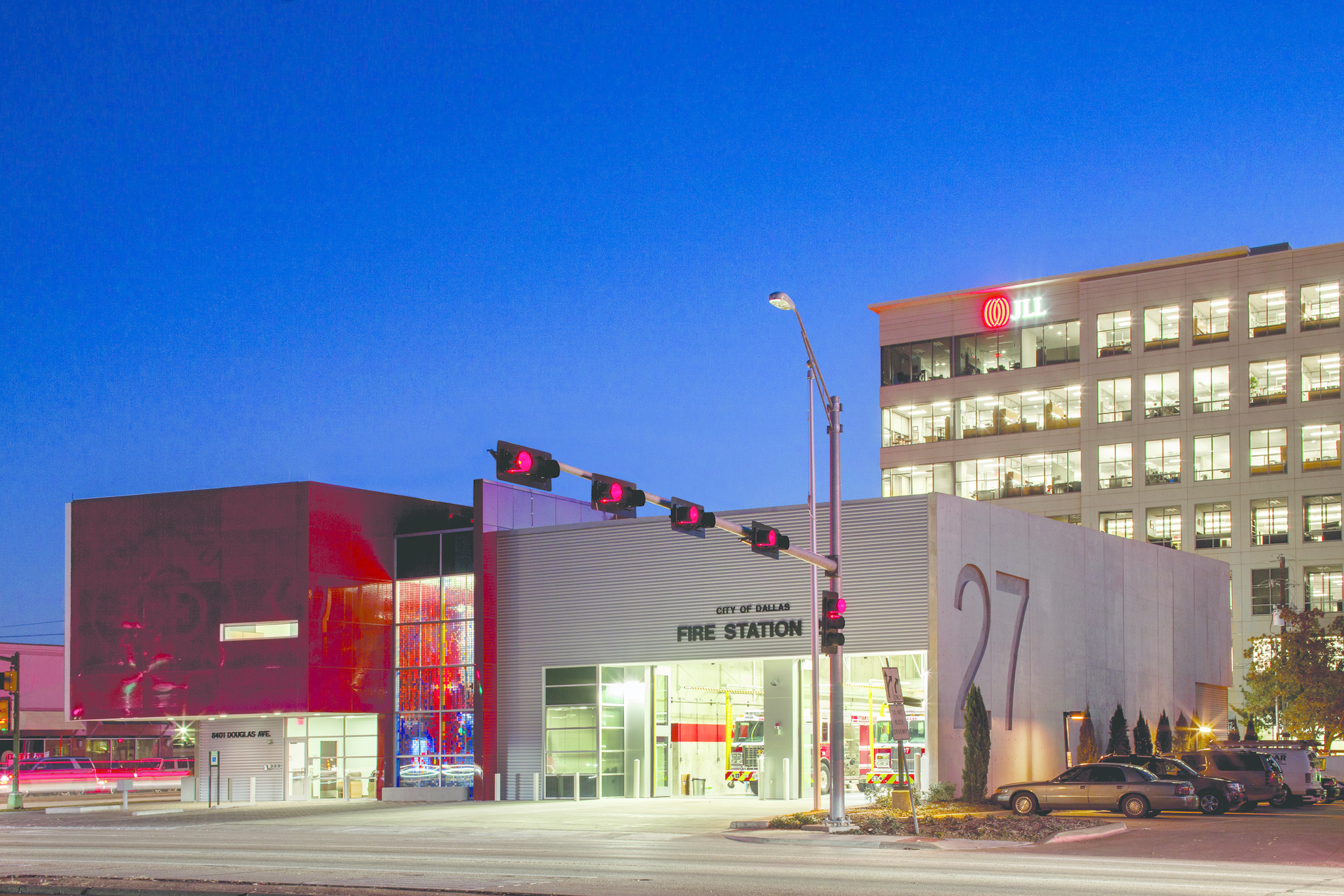 A nighttime view view of Dallas Fire Rescue Station 27.
