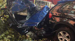 Boston Fire Department released this photo showing the unoccupied cars the engine hit after colliding with another driver on its way to a call.