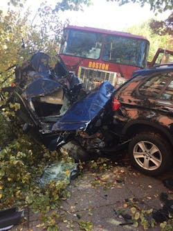 Boston Fire Department released this photo showing the unoccupied cars the engine hit after colliding with another driver on its way to a call. Boston Fire Department released this photo showing the unoccupied cars the engine hit after colliding with another driver on its way to a call.