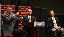 John Salka, battalion chief FDNY retired, left, and Derek Alkonis, battalion chief of the County of Los Angeles Fire Department, right, discuss fire ground tactics in a session moderated by Firehouse Editor-in-Chief Tim Sendelbach, center. John Salka, battalion chief FDNY retired, left, and Derek Alkonis, battalion chief of the County of Los Angeles Fire Department, right, discuss fire ground tactics in a session moderated by Firehouse Editor-in-Chief Tim Sendelbach, center.