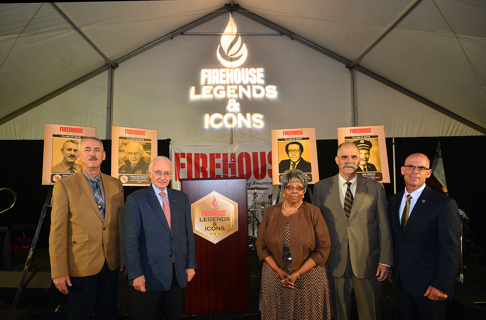 John Norman, (left to right), Dennis Smith, Sherry Adams, James Smith and Tim Sendelbach after four contributors were inducted into the Firehouse Hall of Fame.