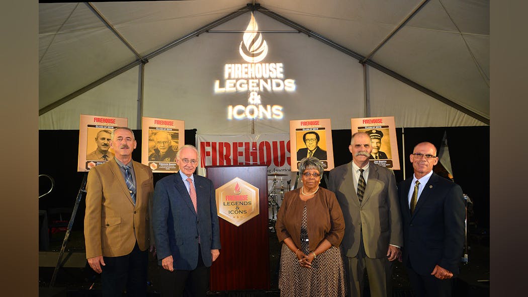 John Norman, (left to right), Dennis Smith, Sherry Adams, James Smith and Tim Sendelbach after four contributors were inducted into the Firehouse Hall of Fame.