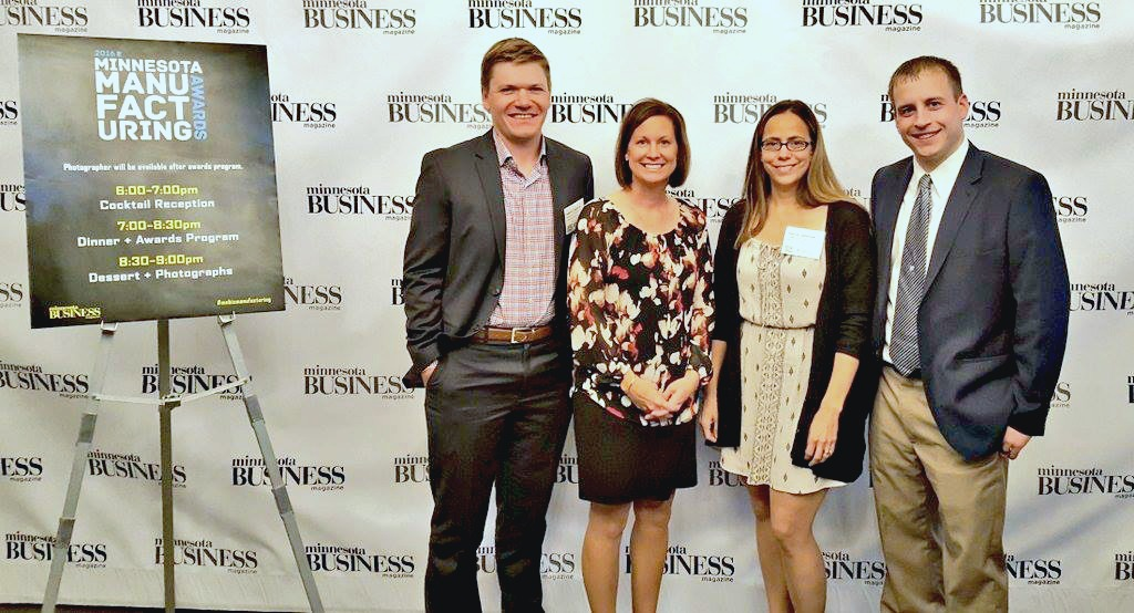 Midwest Fire was a finalist in a Minnesota small business award program. Pictured here (left to right) are representatives of the company; Dalton Lingbeck is a Sales Representative, Sarah Atchison is President and CEO, Darcie Johnson is Vice President of Business & Accounting and Tyler LeBrun is Manufacturing Engineer/Production Manager.