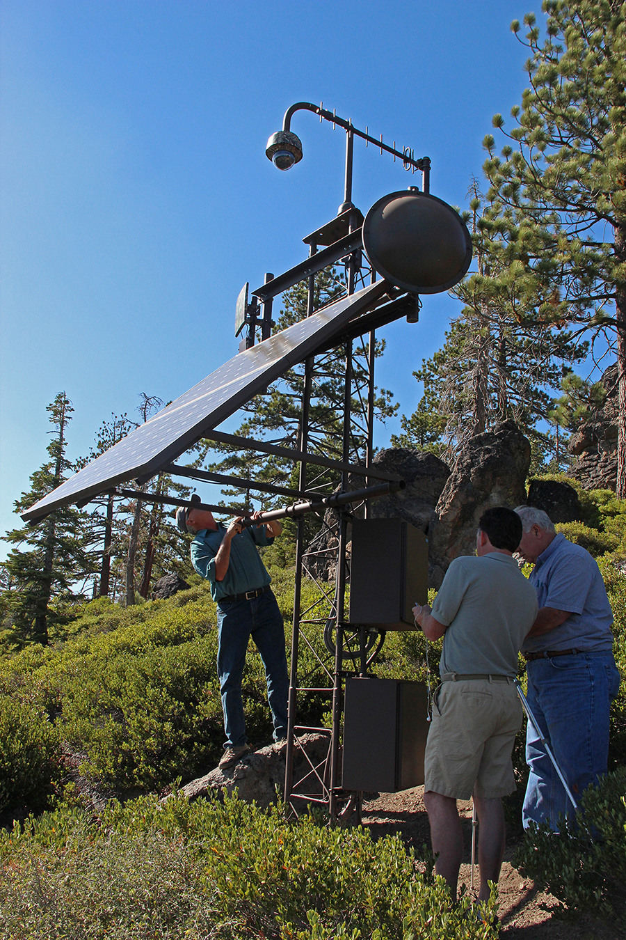 This monitoring station overlooking the north shore of Lake Tahoe is one of many designed, built and maintained by the Nevada Seismological Lab at the University of Nevada, Reno. The network of fire cameras, seismometers and hazard monitoring equipment spans from Lake Tahoe throughout northern Nevada, and in California along the eastern Sierra Nevada and Death Valley.