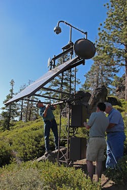 This monitoring station overlooking the north shore of Lake Tahoe is one of many designed, built and maintained by the Nevada Seismological Lab at the University of Nevada, Reno. The network of fire cameras, seismometers and hazard monitoring equipment spans from Lake Tahoe throughout northern Nevada, and in California along the eastern Sierra Nevada and Death Valley.