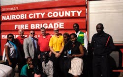 NFB Staff Back Row: Chief Bob Rielage Chief Dave Moore, Captain Matt Flagler and Captain Todd Rielage are pictured with the Headquarters Staff of the Nairobi Fire Brigade .