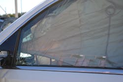 The driver’s door-window glass on this 2017 Chevrolet Tahoe is laminated safety glass. During your window size-up, telltale signs that you must look for include the large cracks in the glass. These stress cracks indicate that that you are dealing with laminated glass, not tempered glass. The driver’s door-window glass on this 2017 Chevrolet Tahoe is laminated safety glass. During your window size-up, telltale signs that you must look for include the large cracks in the glass. These stress cracks indicate that that you are dealing with laminated glass, not tempered glass.