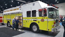 One of 12 hazmat vehicles ordered by the California Governor's Office of Emergency Services and built by HME Ahrens Fox was on display. The massive walk-around command rescue-style apparatus is built on an HME cab and chassis. It features a stainless steel body with modular construction. It has roll-up doors, slide out trays and tool boards as well as a light tower and command equipment. One of 12 hazmat vehicles ordered by the California Governor's Office of Emergency Services and built by HME Ahrens Fox was on display. The massive walk-around command rescue-style apparatus is built on an HME cab and chassis. It features a stainless steel body with modular construction. It has roll-up doors, slide out trays and tool boards as well as a light tower and command equipment.