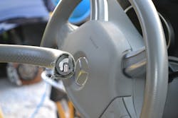 A cross-section of the steering wheel ring on this 2016 Mercedes-Benz vehicle reveals that the core of the ring is a U-shaped, soft metal ring with an inner flat-metal band. The entire core of the steering wheel ring is then covered with a plastic and vinyl outer covering. Photos by Ron Moore A cross-section of the steering wheel ring on this 2016 Mercedes-Benz vehicle reveals that the core of the ring is a U-shaped, soft metal ring with an inner flat-metal band. The entire core of the steering wheel ring is then covered with a plastic and vinyl outer covering. Photos by Ron Moore