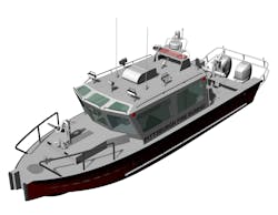 The 34-foot fireboat from Lake Assault is a deep V-hull configuration, with an 11-foot overall beam. The 34-foot fireboat from Lake Assault is a deep V-hull configuration, with an 11-foot overall beam.