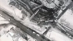Center of the derailment site, showing locations of railcars in proximity to dwellings where casualties and survivors were located.