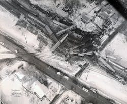 Center of the derailment site, showing locations of railcars in proximity to dwellings where casualties and survivors were located.