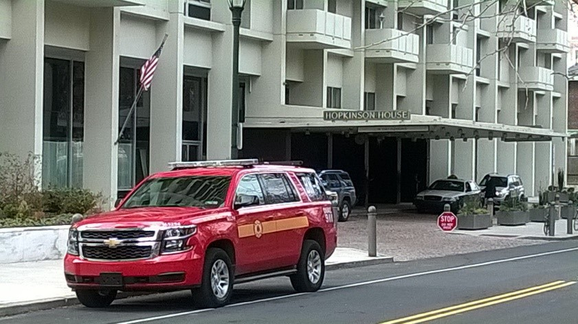 The carport area where the victim fell to his death in the Hopkinson House fire incident.