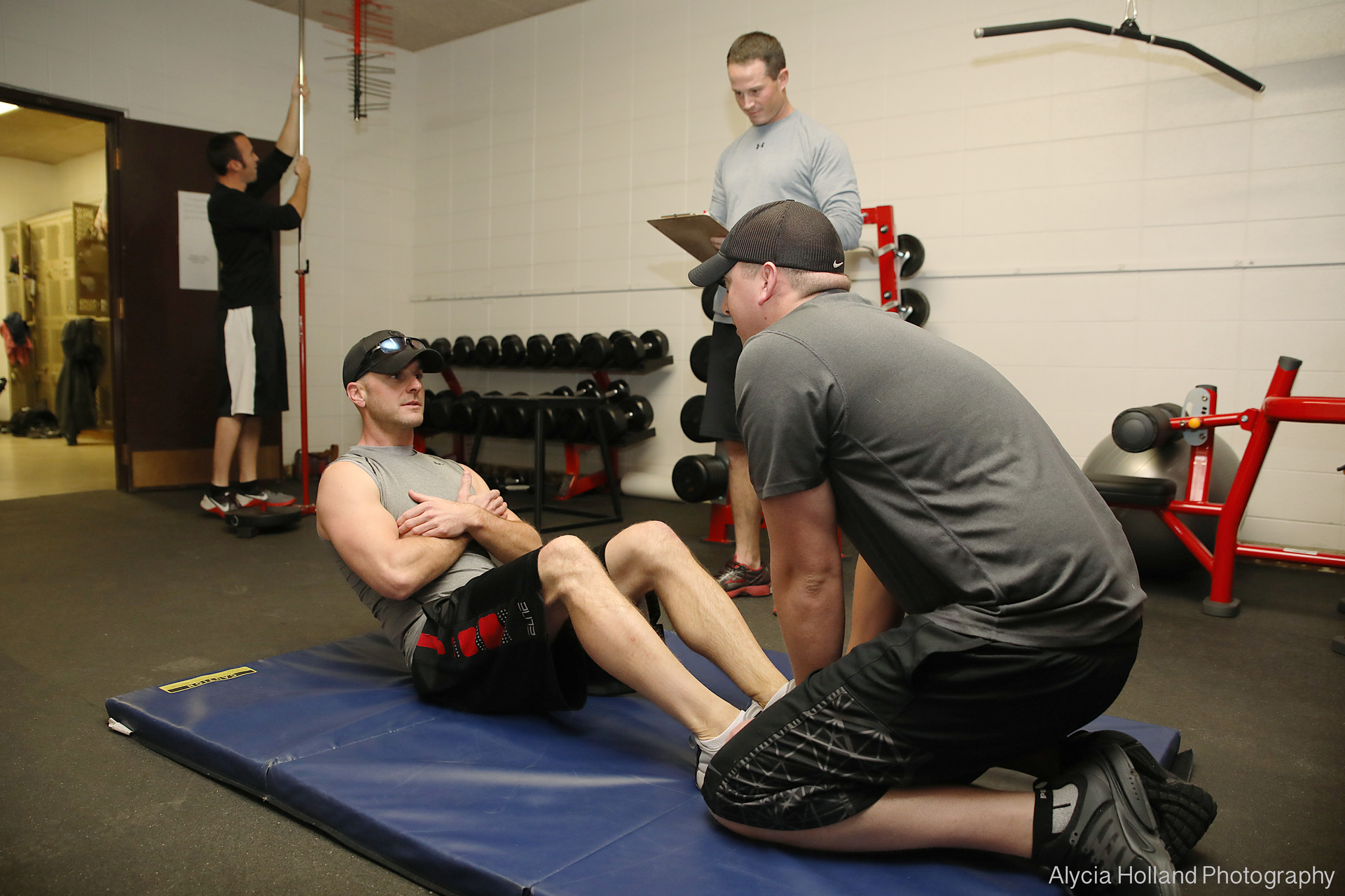 The fitness exam tests muscular strength and endurance by tallying sit ups, planks and push ups.