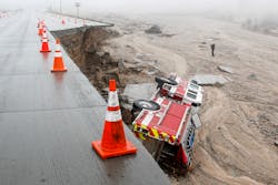 A San Bernardino County fire truck plunged over the side of the southbound 15 freeway, just south of Highway 138, when a lane and shoulder caved in. A San Bernardino County fire truck plunged over the side of the southbound 15 freeway, just south of Highway 138, when a lane and shoulder caved in.