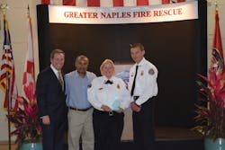 Left to right, Tenzinga CEO/Founder Bob Norton, Lt. Michael Cruz, Deputy Chief Shawn Hanson, and Battalion Chief Matt Trent. Left to right, Tenzinga CEO/Founder Bob Norton, Lt. Michael Cruz, Deputy Chief Shawn Hanson, and Battalion Chief Matt Trent.