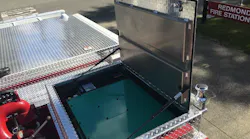 The idle-reduction unit, which is also called the Auxiliary Power Unit, often consists of a generator tucked in a compartment, usually above the pump house like this unit on Redmond, WA, Fire Department's new Pierce pumper.