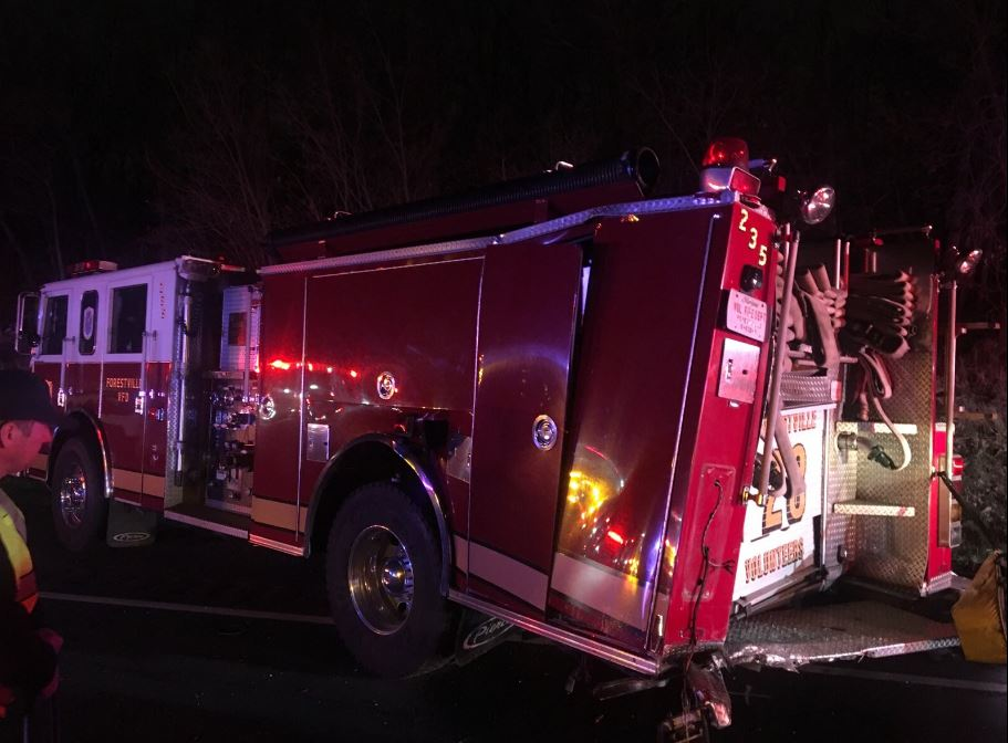 The pumper from the Forestville Volunteer Fire Department sustained serious damage.
