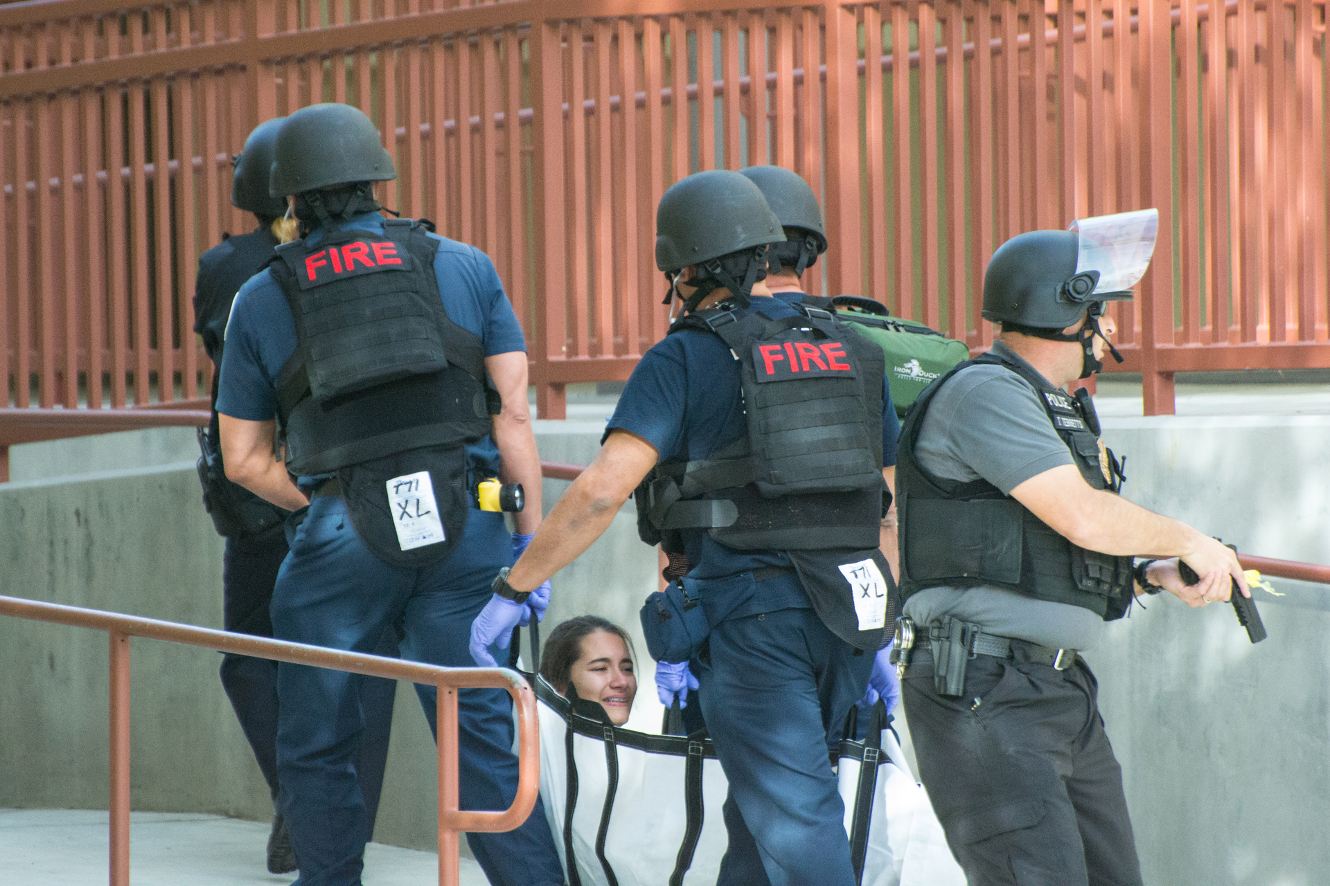 Fire crews take part in an active shooter drill at a local school.