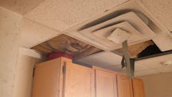 A leaking roof has damaged the ceiling inside Fort Bragg Fire Station No. 7. A leaking roof has damaged the ceiling inside Fort Bragg Fire Station No. 7.