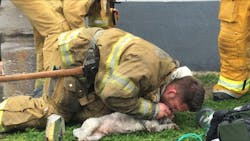 Santa Monica Firefighter Andrew Klein performs mouth-to-snout resuscitation on a 10-year-old dog he rescued from an apartment fire.