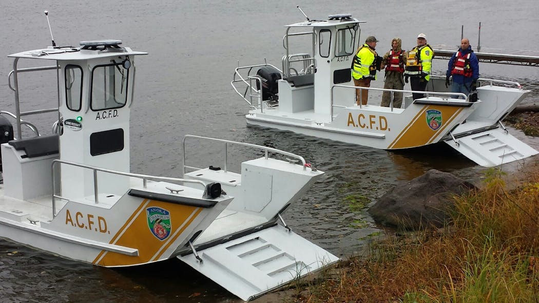 Lake Assault Boats is displaying two vessels at booth #9214 at FDIC in Indianapolis. On view will be Lake Assault&rsquo;s nimble 21-foot rescue (foreground) boat and a 28-foot fireboat that is capable of pumping 1500 gpm.