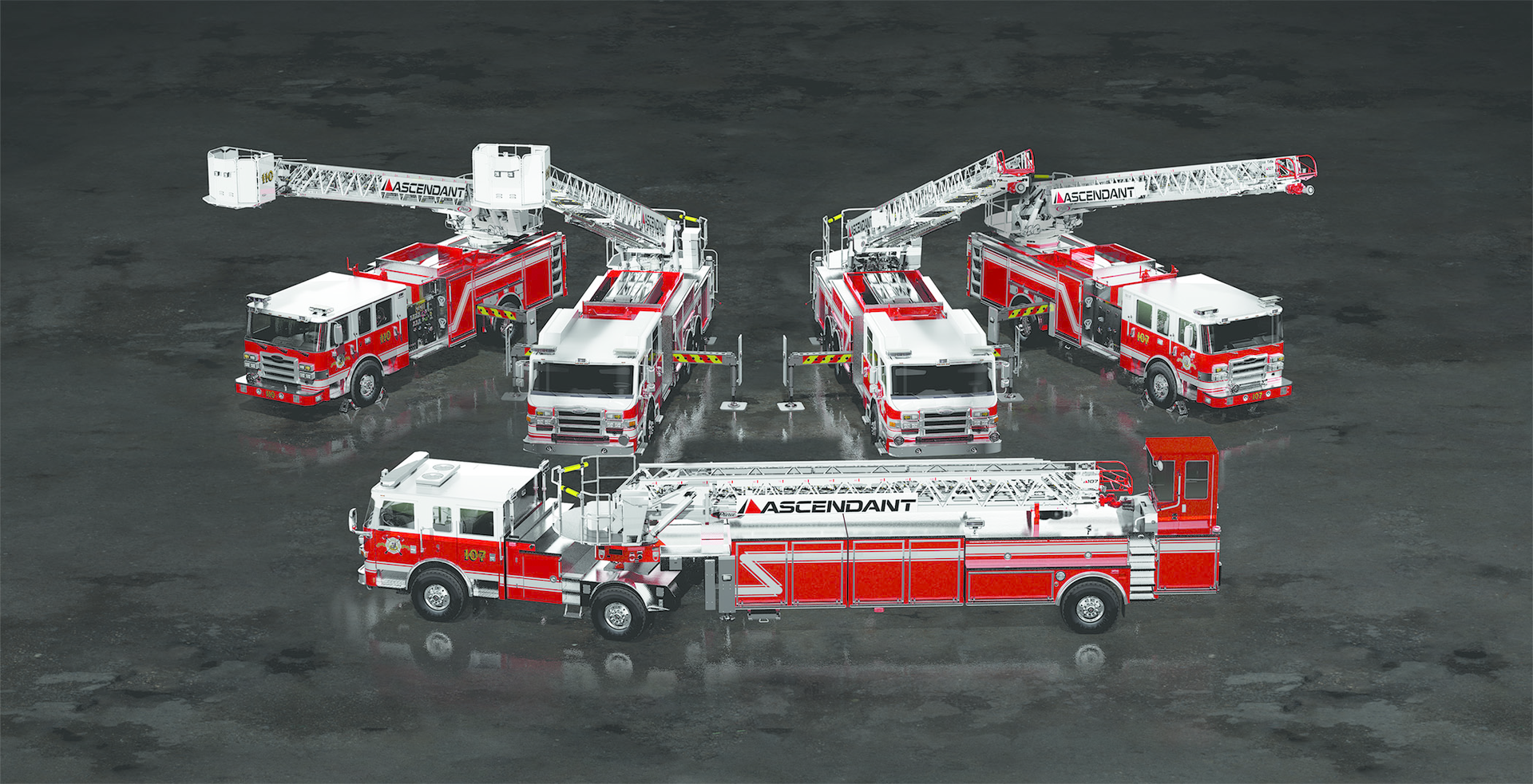 Pierce Manufacturing introduced four all-new Piece&circledR; Ascendant&circledR; aerial apparatus configurations, including a 107-foot single rear axle aerial ladder, a 107-foot tandem rear axle aerial ladder, a 107-foot tractor-drawn aerial, and a 110-foot single rear axle aerial platform.