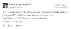 The Sioux Falls Police Dept. arrested a man for trying to &apos;save&apos; his beer from a fire and sent this tweet to break the news.