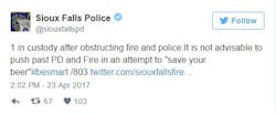 The Sioux Falls Police Dept. arrested a man for trying to 'save' his beer from a fire and sent this tweet to break the news. The Sioux Falls Police Dept. arrested a man for trying to 'save' his beer from a fire and sent this tweet to break the news.