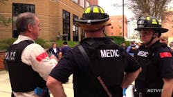 First responders stand outside Edward Hospital in Naperville, IL, following an active shooter drill.