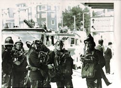 Grimwood (second from the left) responding to a major fire in London circa 1972. Grimwood (second from the left) responding to a major fire in London circa 1972.