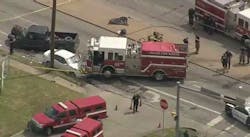 A Dallas fire apparatus was involved in a multivehicle wreck at an intersection Thursday when a driver didn't yield the right of way. A Dallas fire apparatus was involved in a multivehicle wreck at an intersection Thursday when a driver didn't yield the right of way.