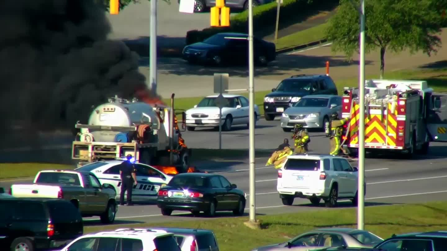 Tire Explodes Feet from FF During AL Truck Fire