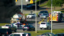 Tire Explodes Feet from FF During AL Truck Fire